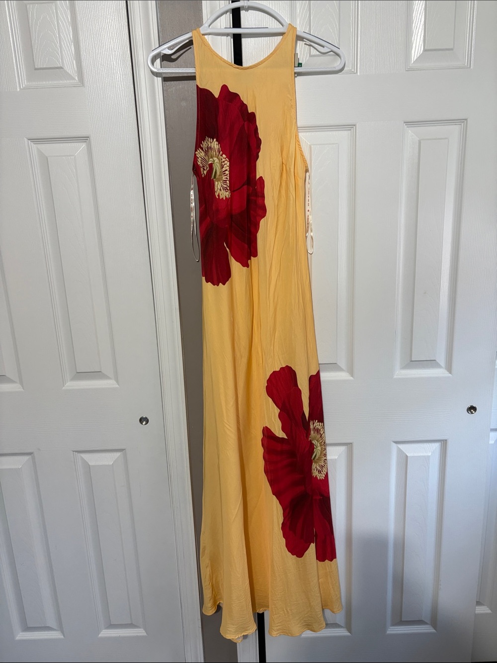 FARM Rio Yellow Maxi Dress with Bold Red Floral Motif